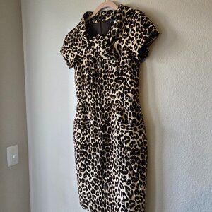 Women's Leopard Print Short Sleeve Midi Dress with Pockets, Size 6, 100% Cotton